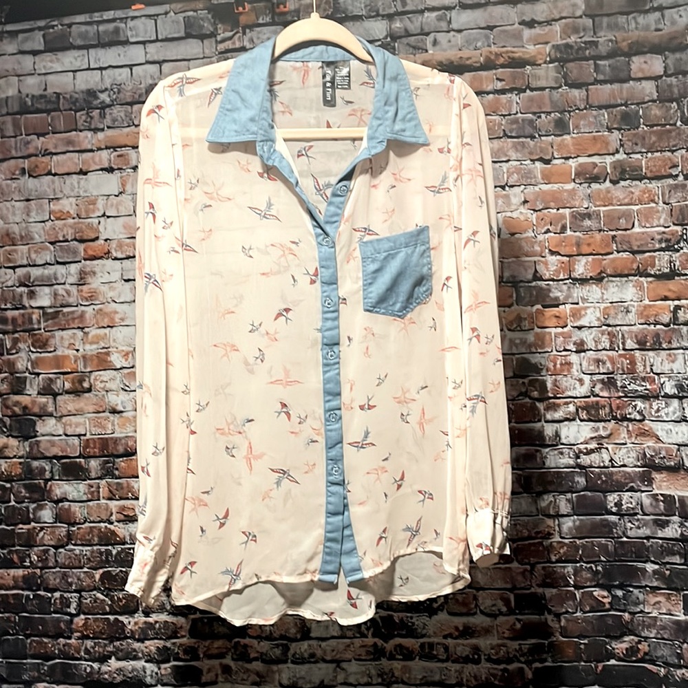Sheer hobo bird shirt Jean edges Medium